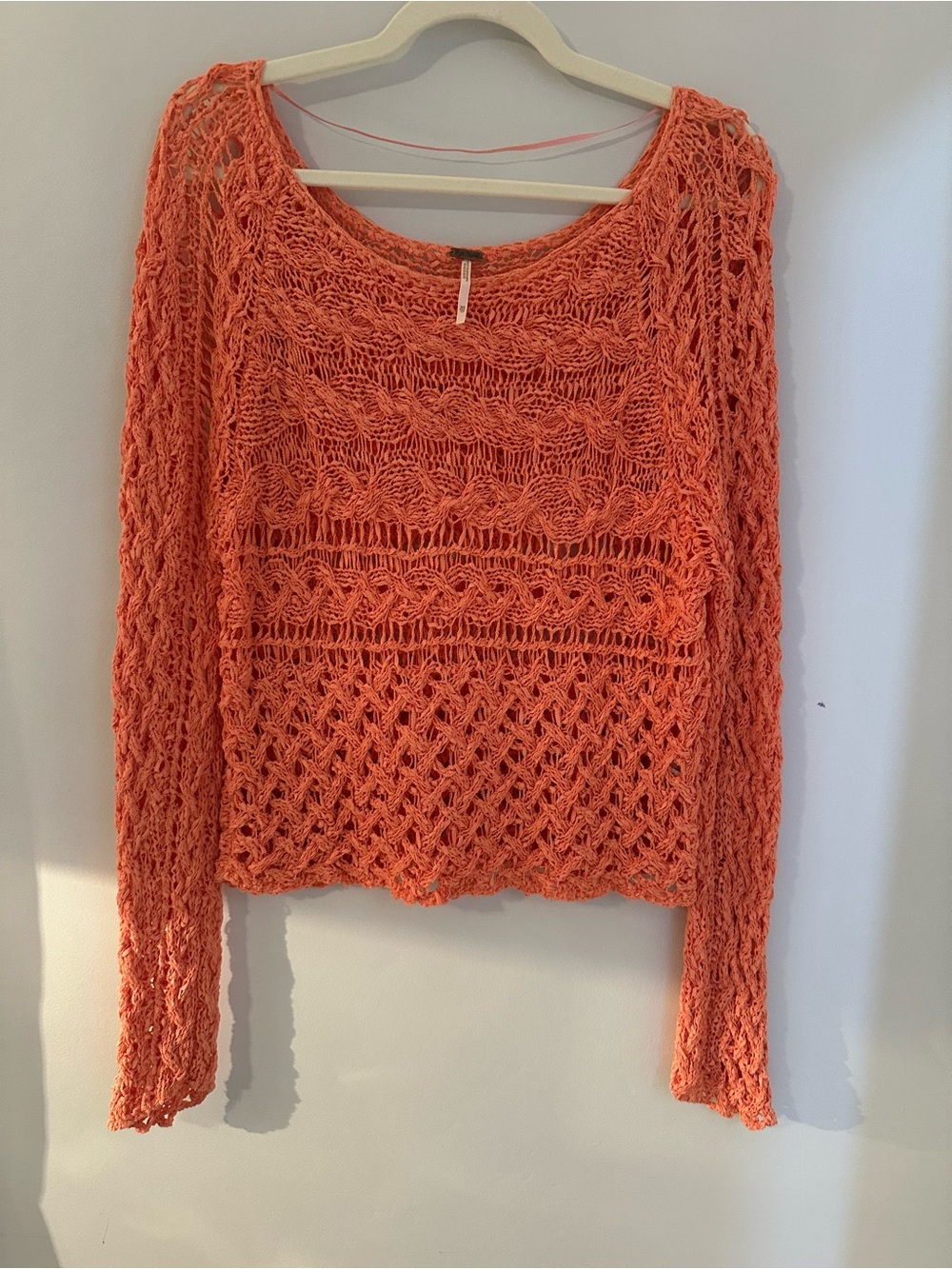 Free People Coral Pink Open Crochet Knit Sweater XS⁠